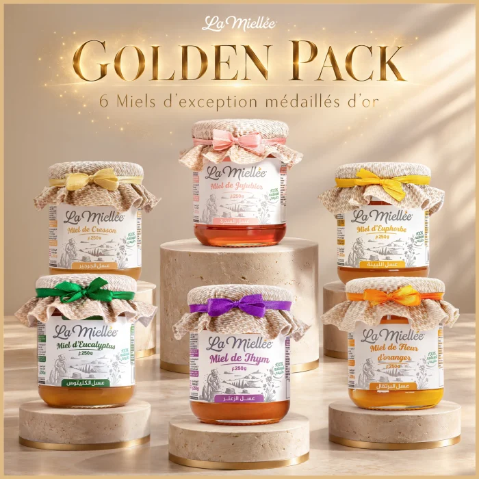 Golden Pack La Miellée : six pots de miel de 250 g, cresson, jujubier, euphorbe, eucalyptus, thym et fleur d'oranger