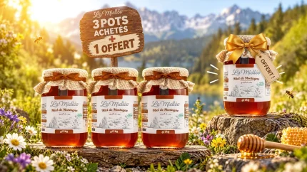 Quatre pots de 1 kg de miel de montagne La Miellée, dont un offert