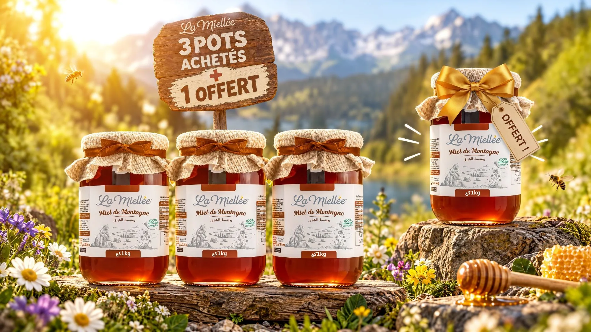 Quatre pots de 1 kg de miel de montagne La Miellée, dont un offert, dans un paysage de montagne