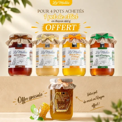 Quatre pots de miel La Miellée de 500 g et un pot de miel en rayon offert